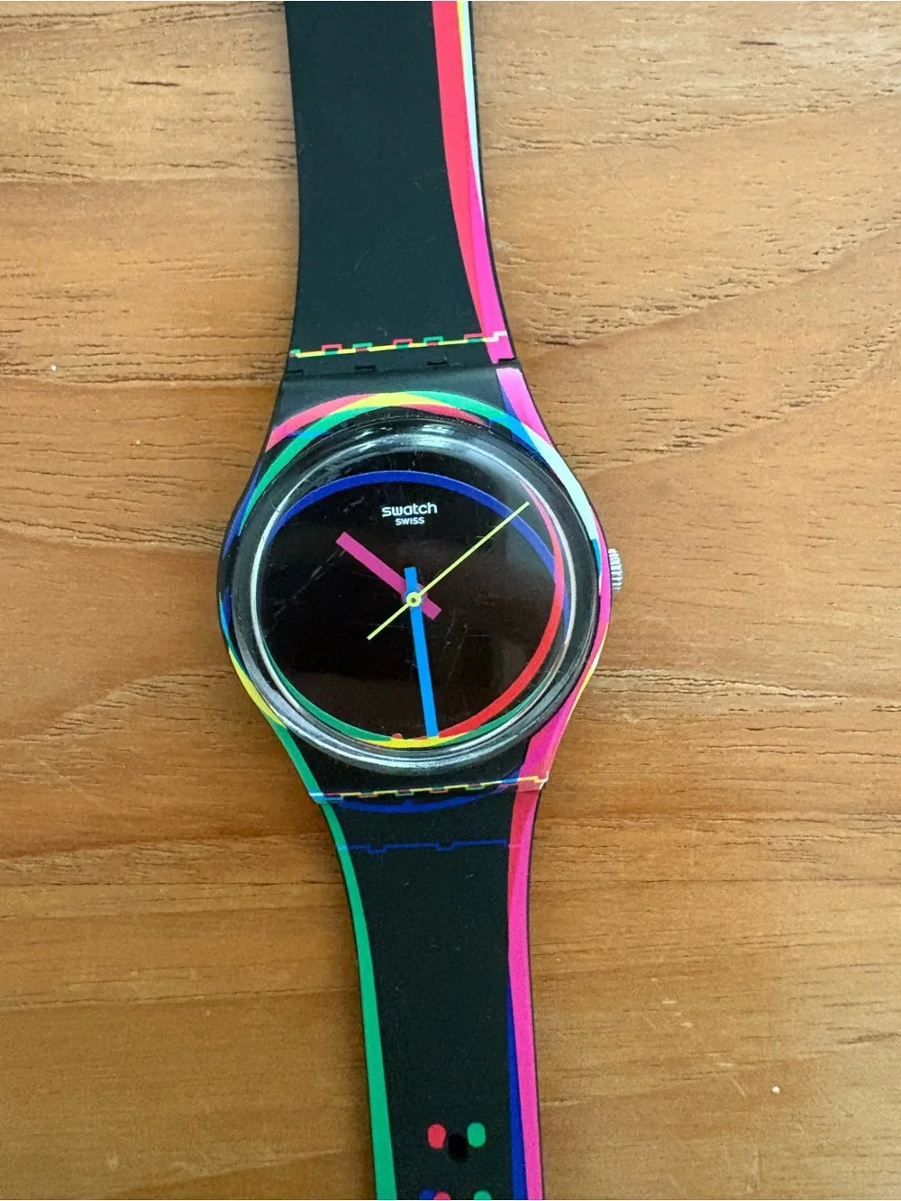 Swatch Black Watch with Neon Pink, Green & Blue Accents